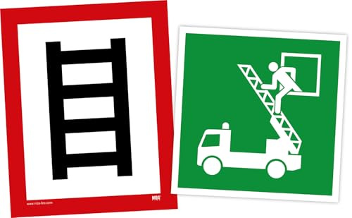 Aufkleber Hinweis „Stelle zum Anleitern (DIN 4066) + Rettungsausstieg (E017)“ im Set 20 x 25 cm | 20 x 20 cm Made in Germany
