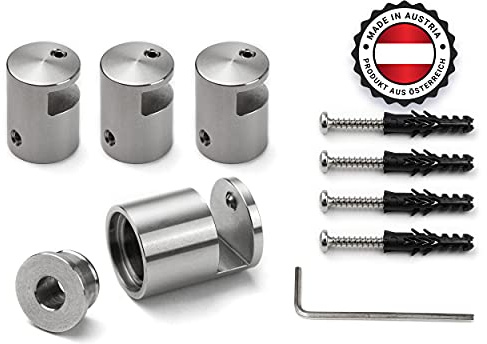 SCHILDER Systeme 4 Stk. Edelstahl Abstandhalter ow17 | Klemmbefestigung für Schild und Glas | ohne Bohrung | hochwertige Wandhalter für Glas-Schilder| inkl. Flachkopfschrauben und Dübeln