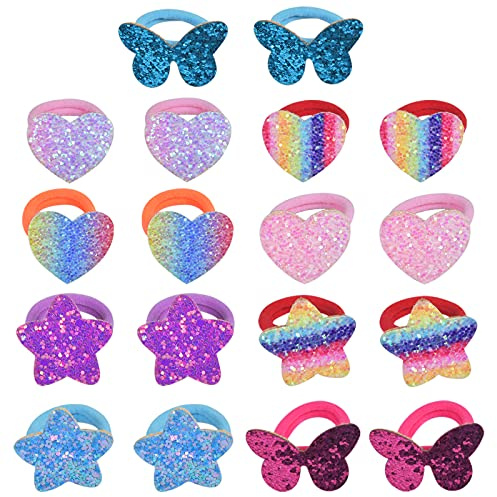 AvoDovA Pferdeschwanz-Halter für Kinder und Mädchen, 8 Paar nahtlose Haarbänder, weiche kleine elastische Haargummis, Glitzer, Herz-, Schmetterling- und Sternmuster