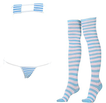 SINROYEE Conjunto de lencería sexy para mujer - Bañador bikini de rayas con calcetines altos a rayas, Talla única
