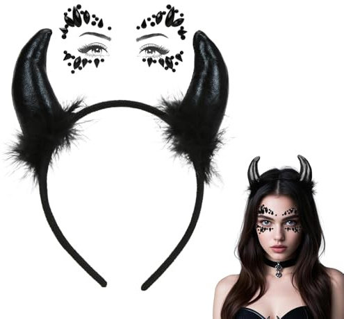 Sprinlot Teufelsohren Haarreif Schwarz, Teufelshörner Glitzer Tattoo, Haarschmuck Teufel Hörner Schwarz, Haarreifen Tattoo Fasching Karneval Party Halloween ST-Home-A33-2