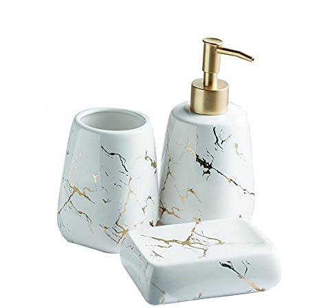 YYW Keramik-Badezimmer-Sets, 3/4/5-teilig, modernes Luxus-Badezimmer-Zubehör-Set, Marmor-Muster, Keramik-Badezimmer-Sets, Zubehör für Zuhause, Wohnung, Schlafsaal (weiß, 3-teiliges Set)