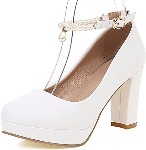 Lizoleor Bride Hochzeit Blockabsatz Knöchelriemchen Kleid Plateau Beaded Pumps Runde Zehen Damen Höhe Ferse Party Formal Mary Jane Schuhe Weiß Gr 39 EU/40Cn