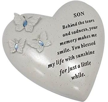 Personalised Grave Ornament/Memorial Plaque with Heart With 3 butterflies & Blue Gems | Graveside Decoration Gift in the Loving Memory of your Loving Deceased Ones (Son)