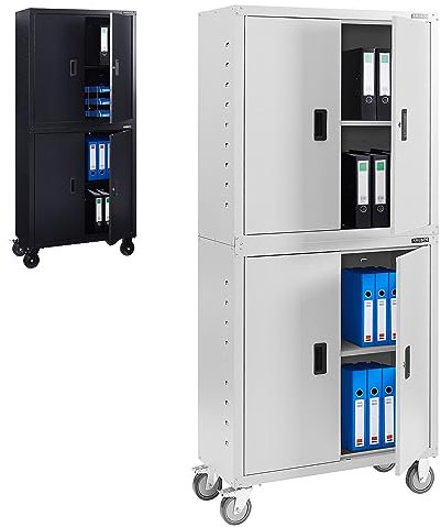 Arebos Aktenschrank Büroschrank | Grau | 195 x 40 x 90 cm | 2er Set | 4 Türen | mit Räder | Höhenverstellbare Einlegeböden | mit Zylinderschloss