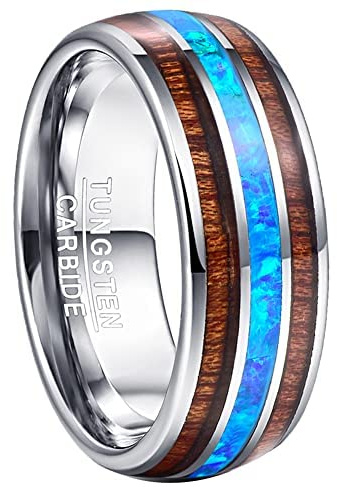 Vakki Herren Damen Partnerringe Holz 8mm Silber Opal Ring Wolframcarbid Freundschaftsring Bestes Geburtstagsgeschenk Größe 63.4(20.2)