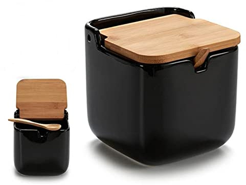 Konighoffer Salt Container with Spoon Ceramic Sugar Storage Bamboo Wood with Spoon Black (21952)