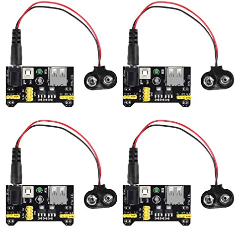 DIANN 4pcs MB102 Solderless Breadboard Power Supply Module 3.3V/5V with 4pcs 9V Battery Clip Buckle T-Type Power Cable Male 2.1MM DC Jack Plug
