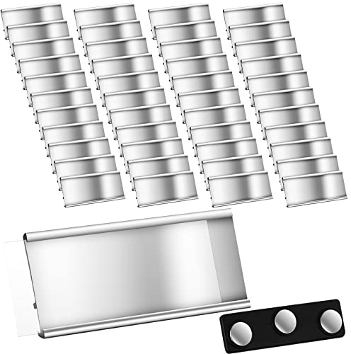 Placas Identificativas Magnéticas de Aluminio Etiquetas de Identificación con Doble Imán y Papel Insignias de Nombre Transparentes Anodizadas con Ranura, 72 x 32 mm, Plateado (50 Piezas)