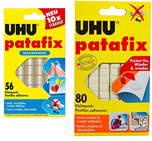 UHU Patafix transparent, Durchsichtige, doppelseitige Klebepads für schnelles und einfaches Befestigen und Fixieren, 56 Stück & patafix weiß, wieder ablösbare Klebepads, 80 Stück (1er Pack)
