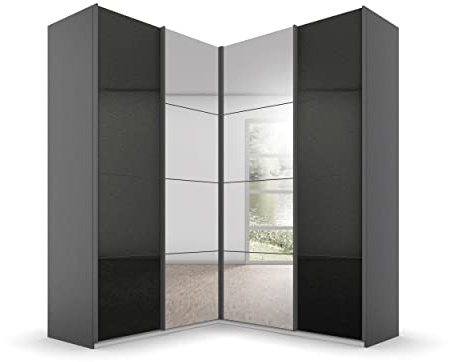 Rauch Möbel Quadra Armoire d'angle à Portes coulissantes Gris métallisé Effet Brillant Noir 4 étagères avec Miroir, 2 tringles et 12 étagères, l x H x P : 181 x 229 x 187 cm