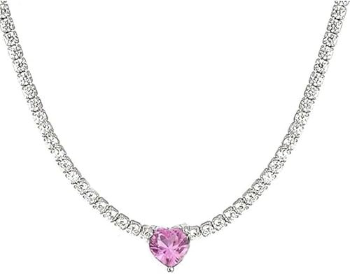 MAISON GIOIELLI FIRENZE - OHANA Collana Donna Tennis Placcata Oro Bianco con Zircone a Forma di Cuore Colorato, Collana Chiusura a Moschettone Ipoallergenica, Antigraffio e Waterproof (rosa)