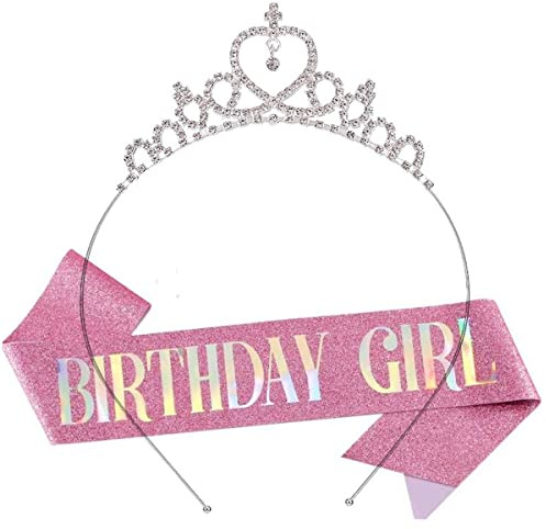 Birthday Girl Sash & Rhinestone Tiara Set, Great Birthday Gifts,Rose Gold Birthday Sash/Tiara for Women's Birthday Party Decoration (Rose Red)