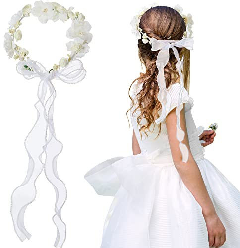 Cindeer Haarband Kommunion Haarschmuck für Mädchen Haarkranz mit Weißen Blüten Verstellbarer Blumenkranz Kopfschmuck mit Perlen Band und Schwarzen Haarnadeln für Blumenkind Hochzeit