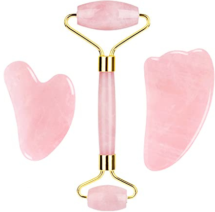 Rosenquarz Jade Augenmaske Gesichtsmassagegerät Roller Gouache Schaber Naturstein Jade Roller Guasha Board Gesichtsmaske Gesichtsmassagegerät,3tlg Rollensatz-VPE