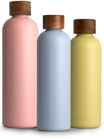 T&N Edelstahl Trinkflasche 750ml, Thermosflasche 0.75l mit Akazienholz Deckel, Isolierte Wasserflasche auslaufsicher bei Kohlensäure, Isolierflasche 750 ml - Sky Blue