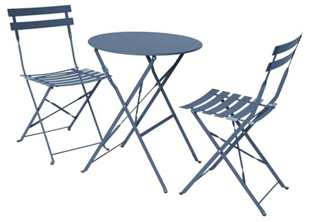 Alice's Garden sweeek - Table de Jardin bistrot Pliante métal + 2 assises Bleu grisé Ø60 x 70cm. Acier thermolaqué