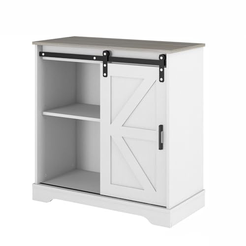Panana Sliding Barn Door Buffet Sideboard Storage Cabinet Coffee Bar Kitchen Farmhouse Style (White Cabinet Nature Top)