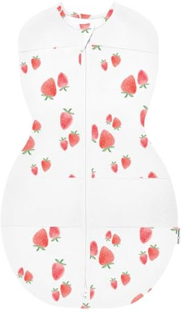 Happiest Baby Sleepea 5-sekunders swaddle – 100 % ekologisk bomull baby swaddle filt – doktorsdesignad främjar hälsosam höftutveckling (elfenbensjordgubbar, medium)
