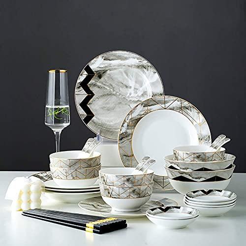 36-TLG. Bone China Geschirr Set, Feinporzellan Wohnküche Moderne Durable Schalen Speiseteller Geschirr Porzellan Geschirr Set mit Goldrand, Service für 6