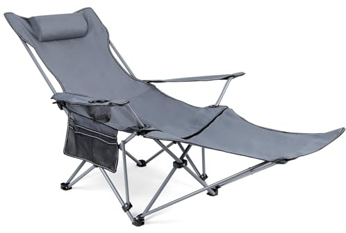 Neloheac Reclining Camping Chair with Foot Rest, Reclining Chair with Pillow and Cup Holder for Adults, Portable Lounge Garden Chair Adjustable Angle Outdoor Lawn Balcony Patio, Gray