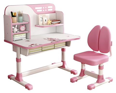 Reheyre Set Med Skrivbord Och Stol för Barn, Rosa Skrivbordsset Med Justerbar Höjd, Lådor Och Förvaring, Tecknat Mönster Inlärningsbord Och Stolar för Flickor (Dubbel Rygg Rosa)