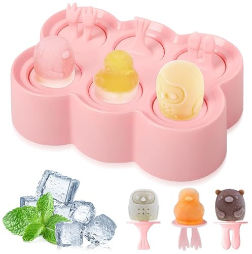 BNGXR Moldes de hielo para niños,Molde Helados Silicona,6 Cavidades Molde Helados Silicona con Palo,Moldes de Hielo Reutilizables para Helados DIY Niños para Chocolate Postre congelado