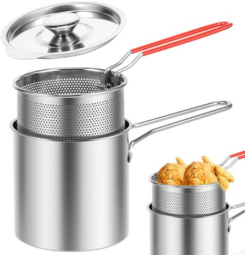 Foribyw Deep Fat Fryer Set with Strainer Basket and Extended Handle, Stainless Steel Mini Deep Fryer Pot with Lid, Oil Saving Small Fryer for Frying Fish Shrimp Chicken and Fries(Pot+basket+lid)