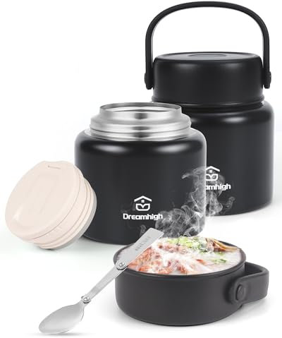 Dreamhigh® Termo Comida Caliente 800 ml, Recipiente Térmico para Comida con Asa, Frasco Acero Inoxidable fiambrera termica con Cuchara Plegable, para sopa, pasta (Negro)