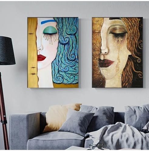 NXMYDBD Klassischer Künstler Gustav Klimt Kiss Tear abstrakte Gemälde auf Leinwand Poster und Drucke Wandbilder für Wohnzimmerdekoration 60x80cm (24x31 Zoll) x2 ungerahmt