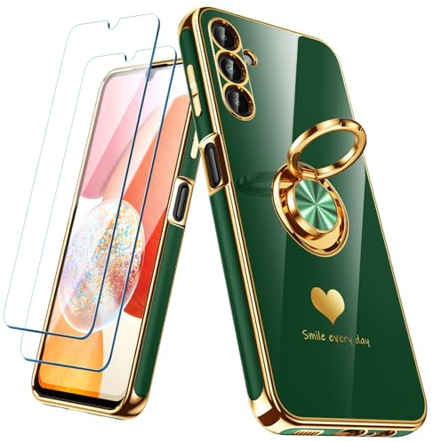Nonional for Samsung Galaxy A14 5G/4G Case with 2 Pack Screen Protector, 360° Rotatable Ring Holder [Luxury Hearts Pattern] Plating Gold Edge Slim Soft Phone Cover Case for Galaxy A14 - Green