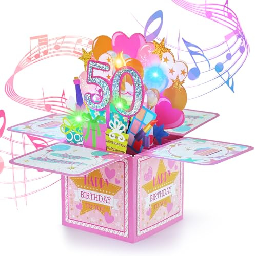 joyoldelf 50 år gammal kvinna födelsedagskort - 3D Pop Up Musical gratulationskort, Grattis på födelsedagen present, perfekt för mamma, vän, mamma, syster, flickvän, följeslagare, familjefest