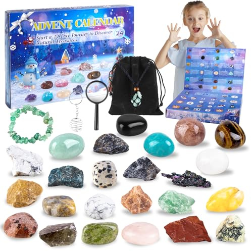 Calendario de Adviento 2025 Piedras Preciosas 24 Días Adviento Calendario de Cuenta Regresiva Navidad, Piedras Preciosas de Cristal Natural y Pulsera Regalo Científico Navidad para Niñas y Niños