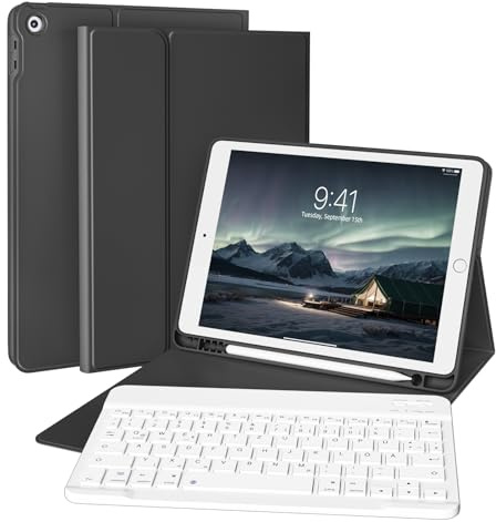 ZKTUYU Custodia per tastiera per iPad 9/8/7.Gen (2021/2020/2019) con portapenne, custodia morbida in TPU, magnetica, tastiera rimovibile con layout QWERTZ per iPad da 10,2 pollici, colore: Nero