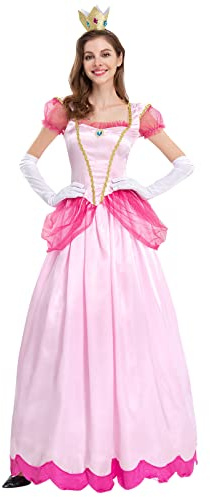 ABEHIK Belle Disfraz de princesa Peach para mujer, disfraz de princesa, con guantes y corona, disfraz para adultos, disfraz para carnaval, Halloween y Navidad