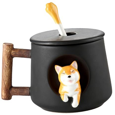 HOLIDYOYO Taza de Cerámica con Forma de Perro Tapa con Cuchara Taza con Aislamiento de Doble Pared para Café Té Y Jugo Color