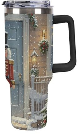 JTKBNVM Gobelet de voyage vintage Casse-noisette de 1200 ml avec poignée et couvercle à paille - Grande tasse isotherme en acier inoxydable - Grande capacité