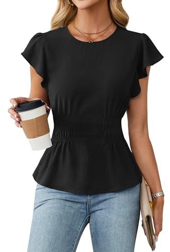 Blooming Jelly Women's Dressy Casual Tops Business Work Short Sleeve Shirts Summer Elastic Waist Blouses(Large,Black)