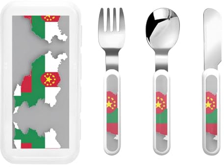 Carte du drapeau du Tadjikistan avec cercle et étoiles imprimées Argenterie avec boîte de rangement, couverts sûrs, ensemble d'ustensiles, cuillères, fourchettes, couteau, acier inoxydable