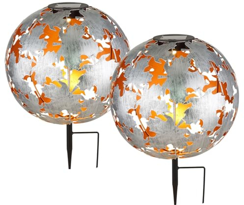 bmf-versand® Solarlampen für Außen Garten Kugel 2er Set - Solarleuchte Erdspieß Blatt Optik - Gartenlampe Solar Silber - Solarbeleuchtung für Terrasse und Balkon - Gartenleuchte Kugeln