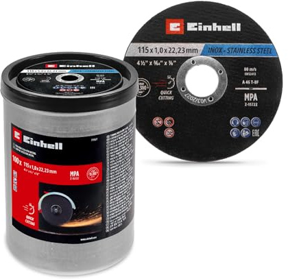 Einhell 100-tlg. Trennscheiben-Set Metall, Inox, Ø 115 x 1 mm | Präzisionsschnitt | Metallverarbeitung | 22,23-mm-Bohrung | MPA-zertifiziert | gerade Ausführung | inkl. Dose