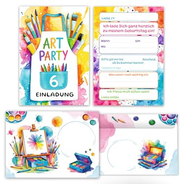 Junaversum 8 Einladungskarten inkl. 8 Umschläge zum 6. Kindergeburtstag Mädchen Jungen Art Kreativ-Party Malparty Kunst Basteln DIY Künstlerparty Kinder Einladungen sechste Geburtstag Kids