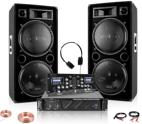 Ibiza - DJ-Sound-Set 2 Lautsprecher Ibiza STAR212 2 x 1500 W – Verstärker 2 x 800 W AMP1000-MKII – Mischpult DJM250BT-MKII – Pro-Abend Party Hochzeit