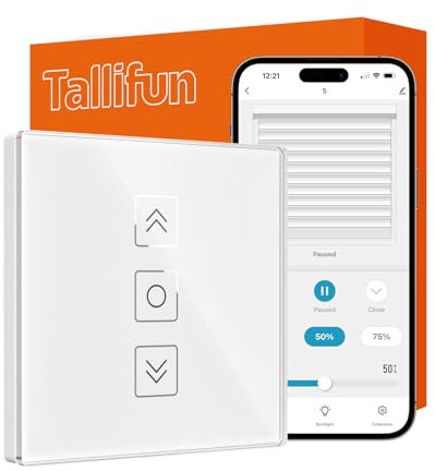 Tallifun Smart Rolladenschalter mit Prozentanzeige, Wlan Jalousie Schalter Rolladensteuerung für Smart Life, Funktioniert mit Alexa/Google Home/Siri, Benötigt Nullleiter 80x 80mm