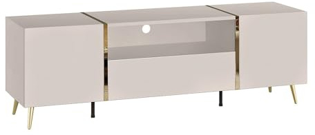 Vente-unique - Meuble TV avec 2 Portes, 1 tiroir et 1 Niche - Beige et Doré - MARZIALO