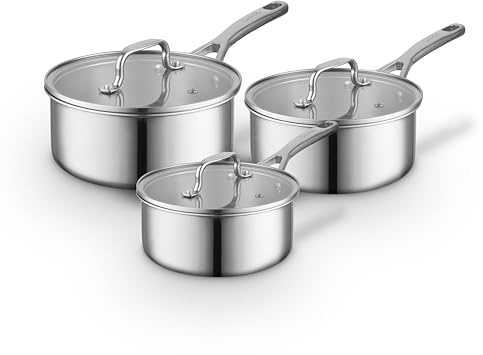 Sur La Table Tri-Ply 3 Piece Saucepan Set with Tempered Glass Lids, Satin Interior Finish, 16cm/18cm/20cm Saucepans, Induction Compatible, Stainless Steel, SLT900234