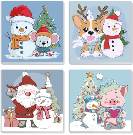 MXJSUA Papá Noel Muñeco De Nieve Juego De 4 Lienzos Enmarcados Para Pintar Por Números Para Niños Y Adultos, Kits De Manualidades De Pintura Acrílica DIY Para Decoración De Pared Del Hogar, 20x20cm
