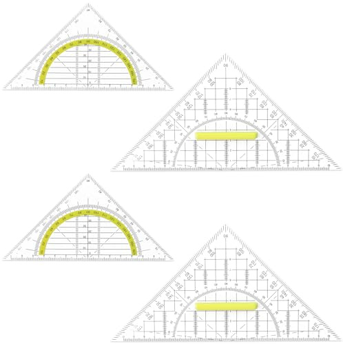 4 Stück Geometrie Dreieck, Transparentes Geometriedreieck, Geometriedreieck mit Griff, Geodreieck aus Kunststof, Flexibel Geodreieck für Schule und Büro, Ideal für Technisches Zeichnen Mathe und Kunst