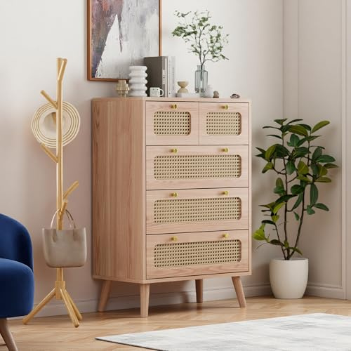 Yeutre Byrå med 5 lådor, Sovrumskommod, Förvaringsmöbel i trä och rotin, för Vardagsrum, Sovrum, Matsal (Cannage-5 Lådor, 60l x 34d x 91h cm)