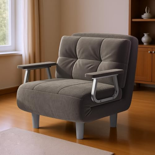 Fabulcozy Schlafsofa 1-Sitzer Umwandelbares Sesselsofa – Großer Komfort Abnehmbar mit Kissen, Metallarmlehnen und Füßen (Khaki)